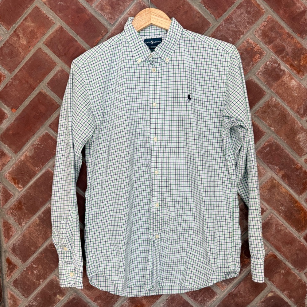 Ralph Lauren Button Down Shirt Boys XL (18-20) Green Blue Plaid Tattersall